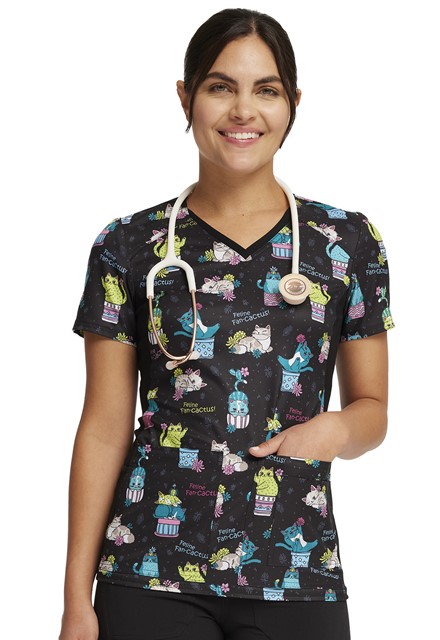 Bluza medyczna damska o wzorze Feline Fan-cactus